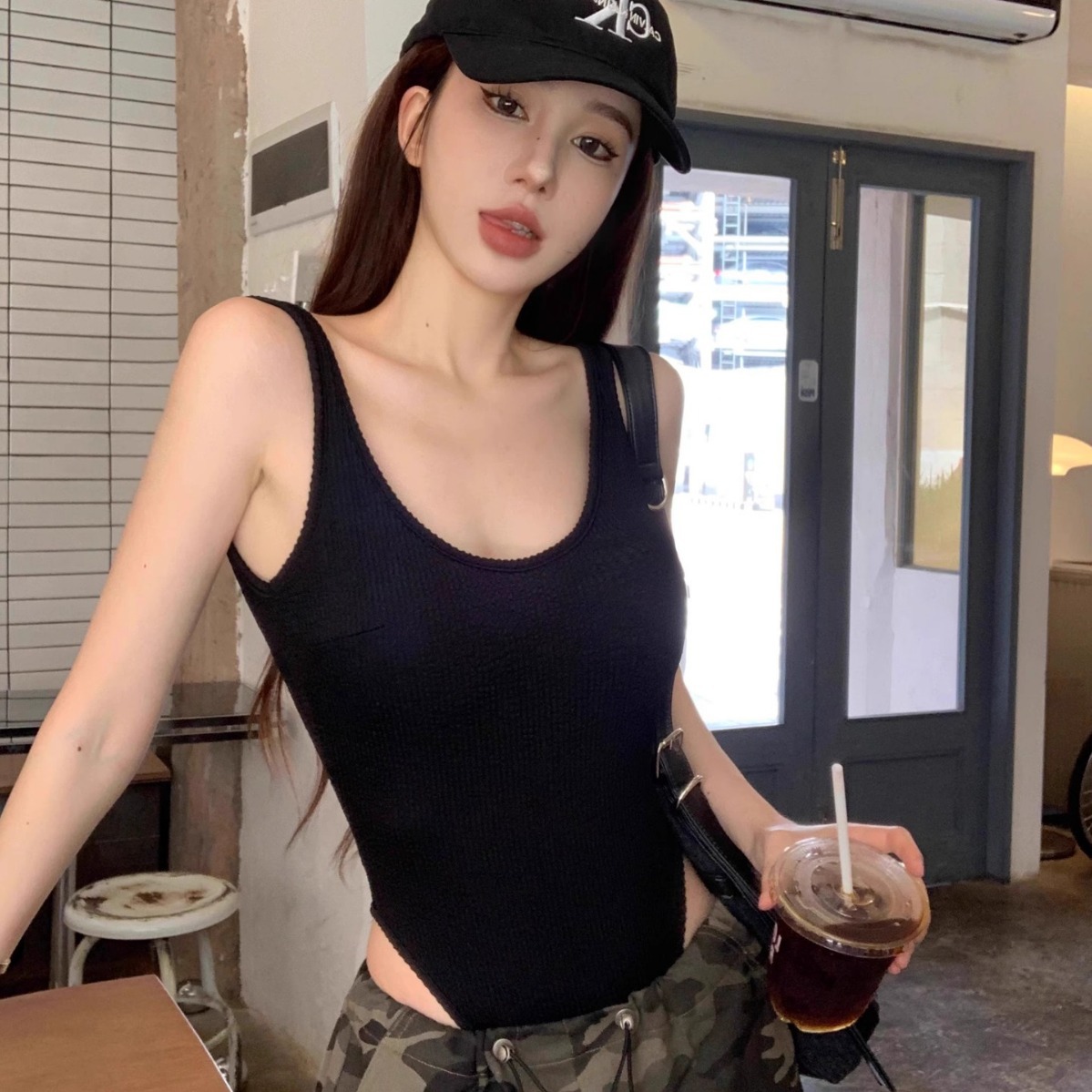 Black Strappy Bodysuit Sexy Ba - Tank Top Ribbed บทวิจารณ์และราคา