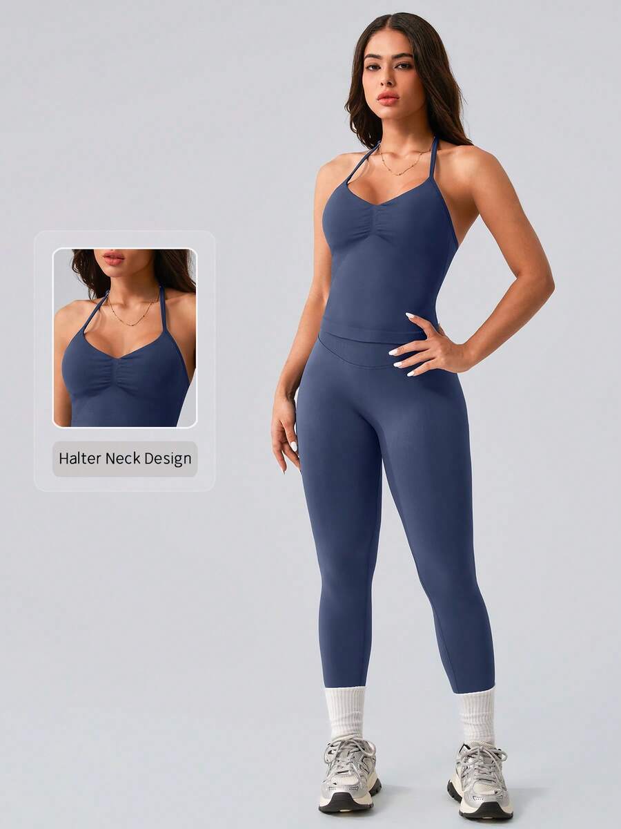Womens Halter Neck Yoga Set Ri - Tank Top Ribbed บทวิจารณ์และราคา