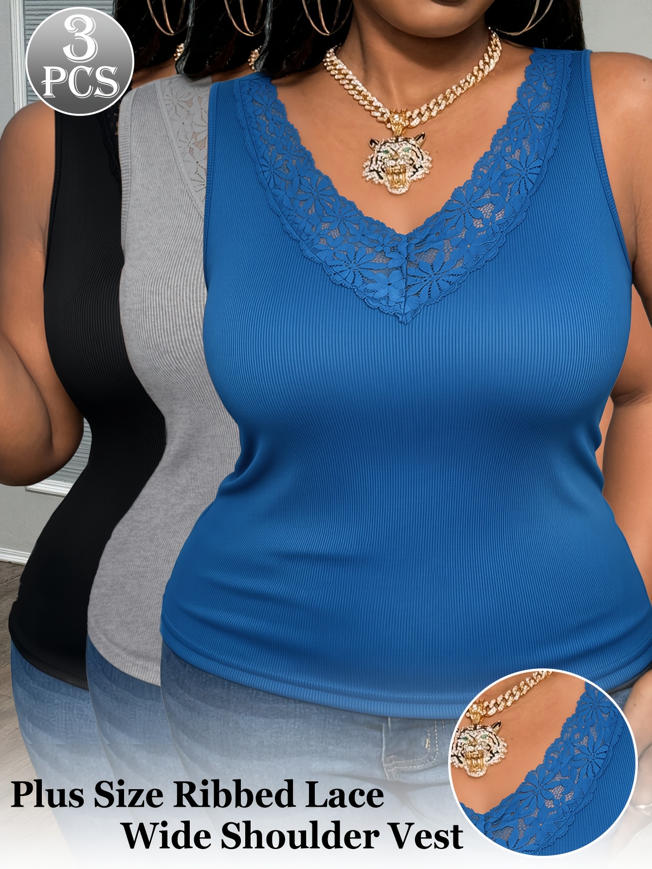 3-Pack Plus Size Lace V-Neck V - Sleeveless Undershirt บทวิจารณ์และราคา